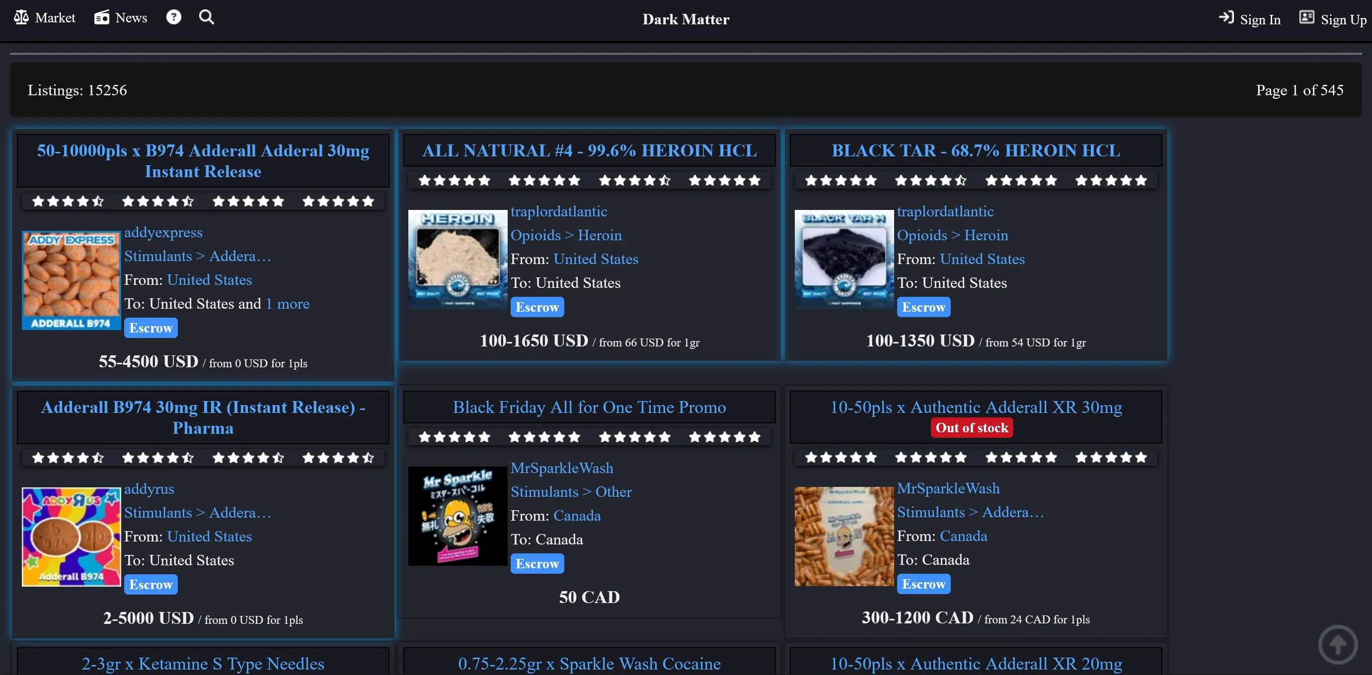 Dark Matter darknet market product listings page showing categories, vendor ratings, and escrow-protected orders