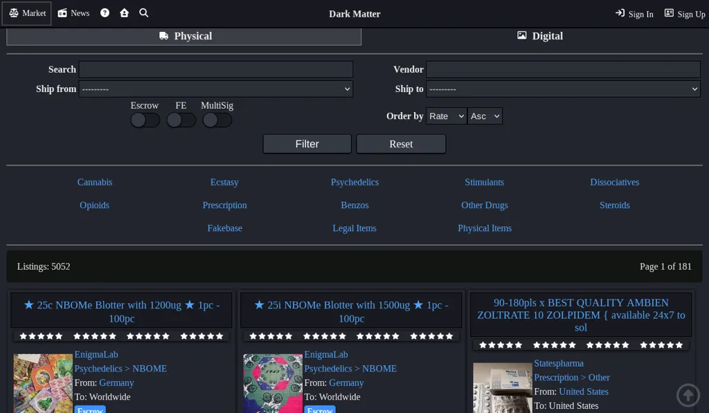 Dark Matter Market darknet marketplace platform overview showing secure interface and privacy-focused architecture