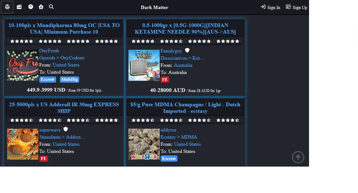 DarkMatter marketplace logo showing a stylized dark matter particle with blue energy waves emanating from a central dark core